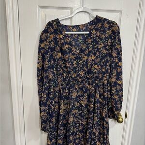 Navy Floral Long-Sleeve Midi Dress